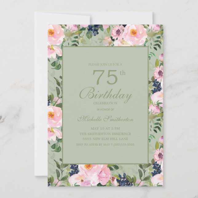 Blush Pink Floral Mint Green 75th Birthday Invitation (Front)