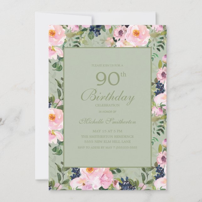 Blush Pink Floral Mint Green 90th Birthday Invitation (Front)