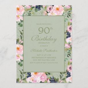 Blush Pink Floral Mint Green 90th Birthday Invitation