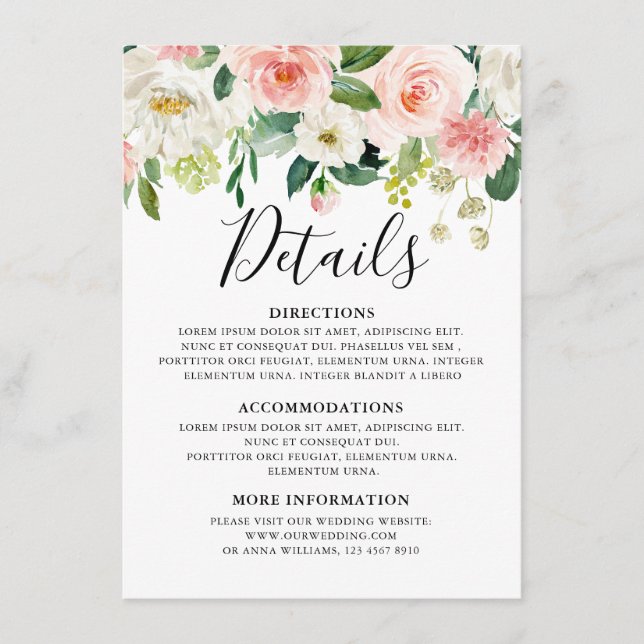 Blush Pink Floral Modern Botanical Wedding Details Enclosure Card (Front)