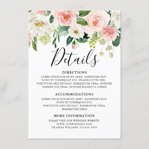 Blush Pink Floral Modern Botanical Wedding Details Enclosure Card