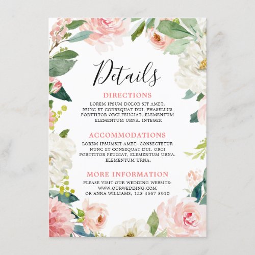 Blush Pink Floral Modern Botanical Wedding Details Enclosure Card