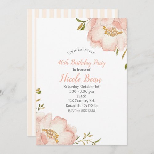 Blush Pink Floral Modern Elegant Birthday Party Invitation