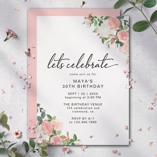 Blush Pink Floral  Modern Elegant Girly Birthday Invitation