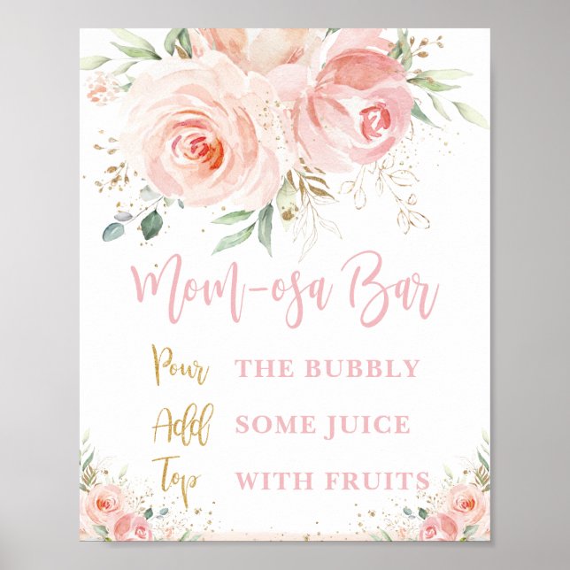 Blush Pink Floral Mom-osa Bar Baby Shower Sign  (Front)