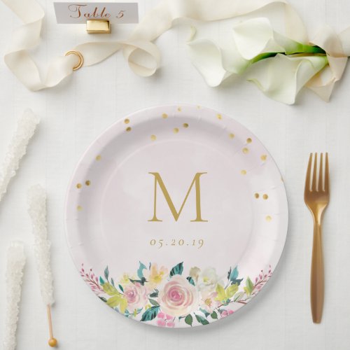 Blush Pink Floral Monogram Bridal Shower Paper Plates