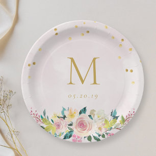 Blush Pink Floral Monogram Bridal Shower Paper Plates
