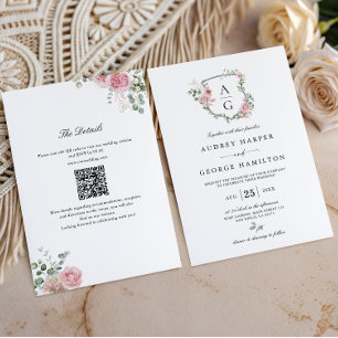 Blush Pink Floral Monogram Crest QR Code Wedding Invitation