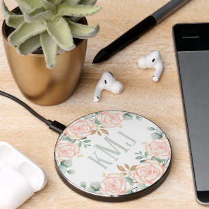 Blush Pink Floral Monogram Custom Wireless Charger