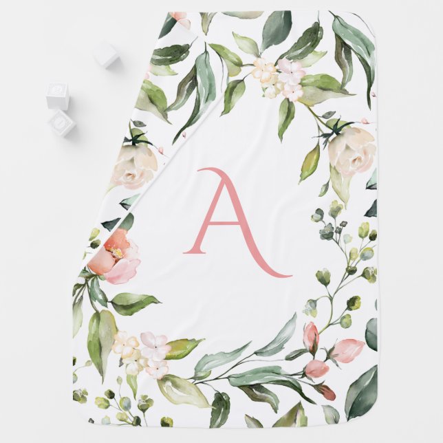 Blush Pink Floral Monogram Elegant Nursery Baby Blanket (In Situ)