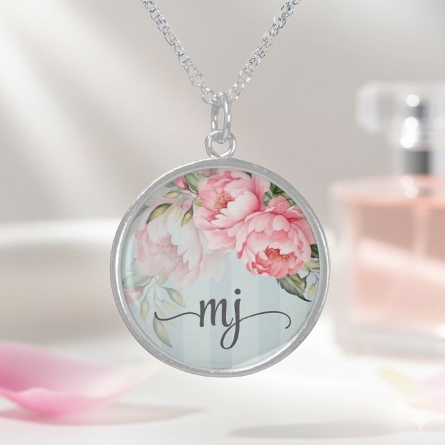 Blush Pink Floral Monogram Initial |  Sterling Silver Necklace (Exquisite Sterling Silver & Blush Peony Necklace. A timeless Eid gift or luxury bridal keepsake.)