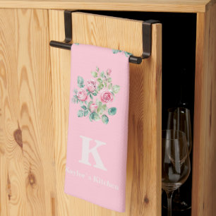Blush Pink Floral Monogram Kitchen Towel