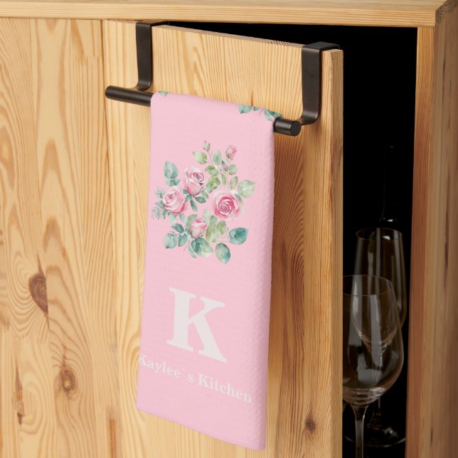 Blush Pink Floral Monogram Kitchen Towel (Thirds Fold)