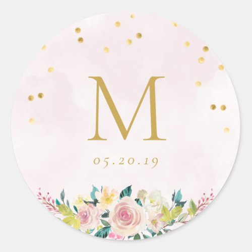 Blush Pink Floral Monogram Wedding Classic Round Sticker