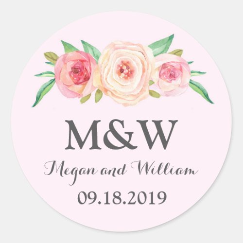 Blush Pink Floral Monogram Wedding Classic Round Sticker