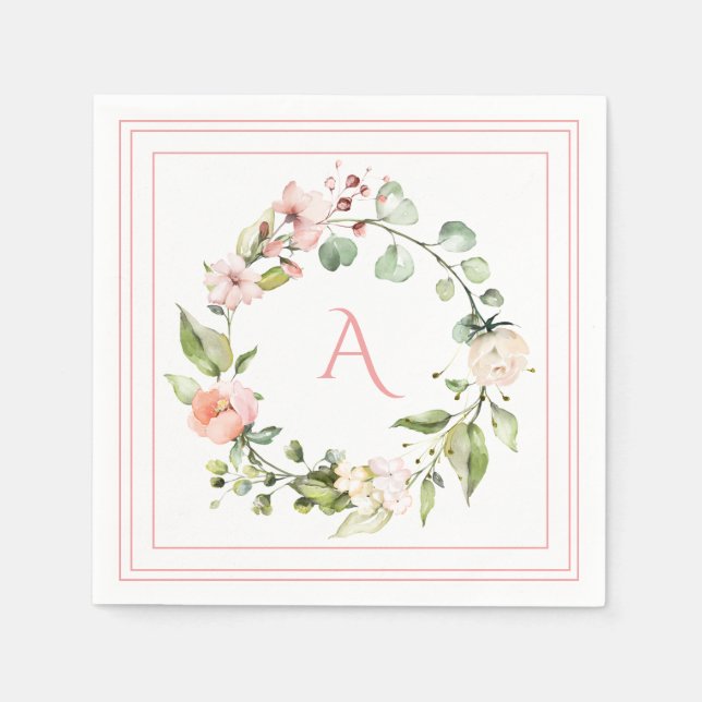Blush Pink Floral Monogram Wedding Elegant Napkins (Front)