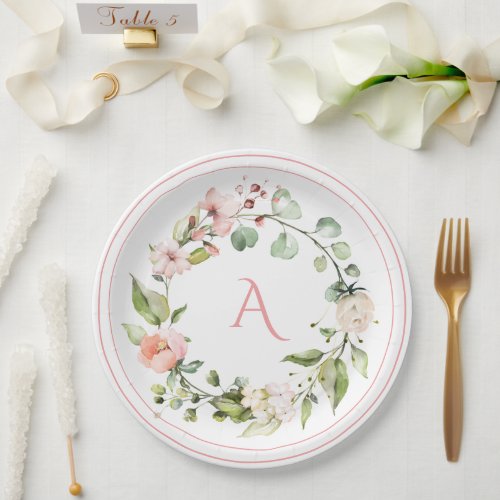Blush Pink Floral Monogram Wedding Elegant Paper Plates