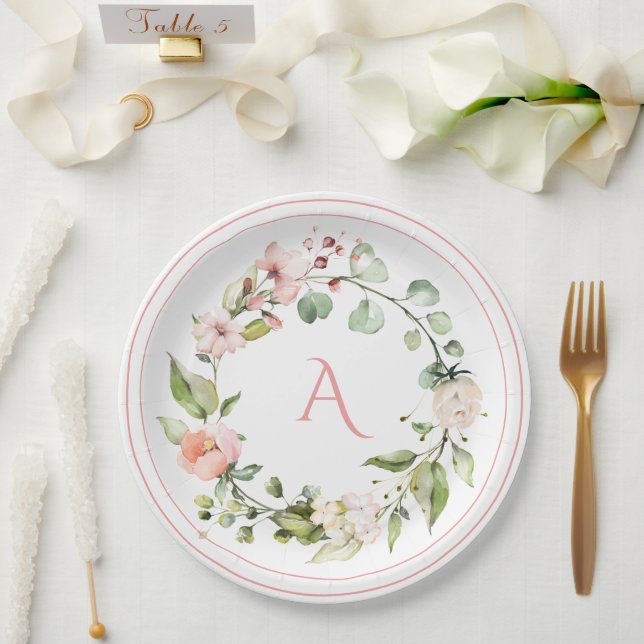Blush Pink Floral Monogram Wedding Elegant Paper Plates (Wedding)