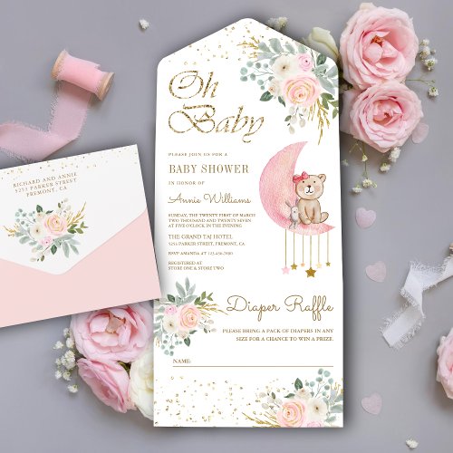 Blush Pink Floral Moon Cute Teddy Bear Baby Shower All In One Invitation