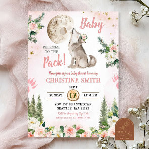 Blush Pink Floral Moon Forest Wolf Baby Shower Invitation