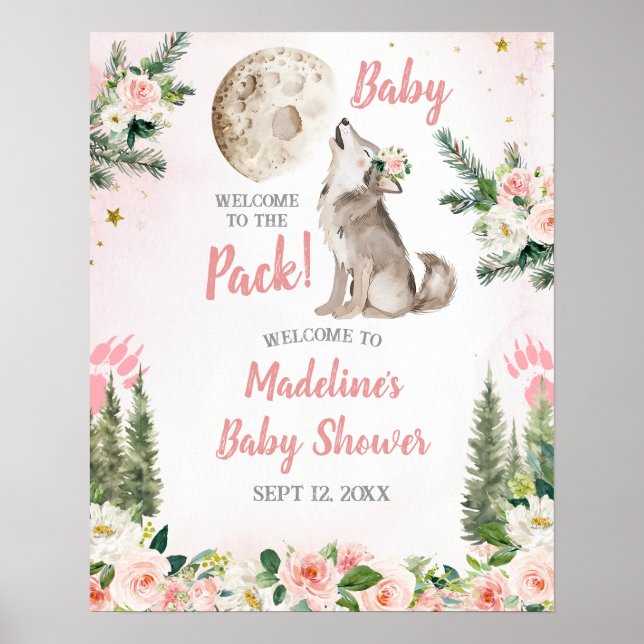 Blush Pink Floral Moon Forest Wolf Welcome Sign (Front)
