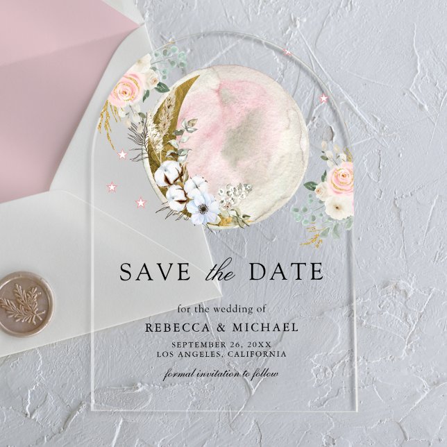 Blush Pink Floral Moon Wedding Save the Date Acrylic Invitations (Creator Uploaded)