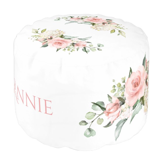 Blush Pink Floral Name Elegant Nursery Pouf (Angled Front)
