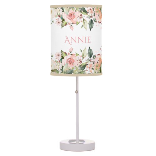 Blush Pink Floral Name Elegant Nursery Table Lamp