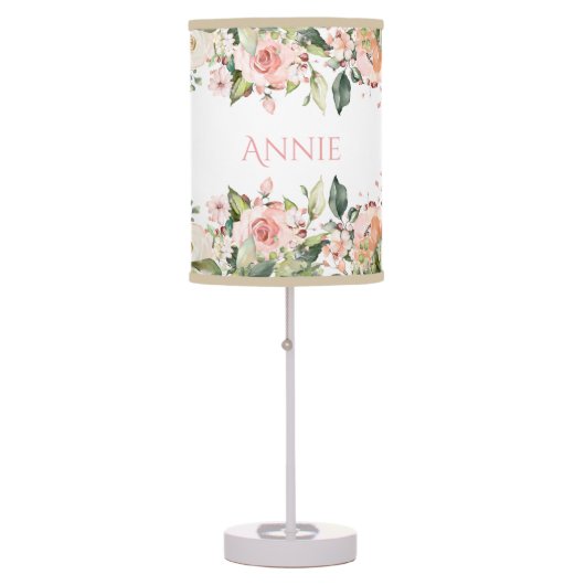 Blush Pink Floral Name Elegant Nursery Table Lamp (Front)