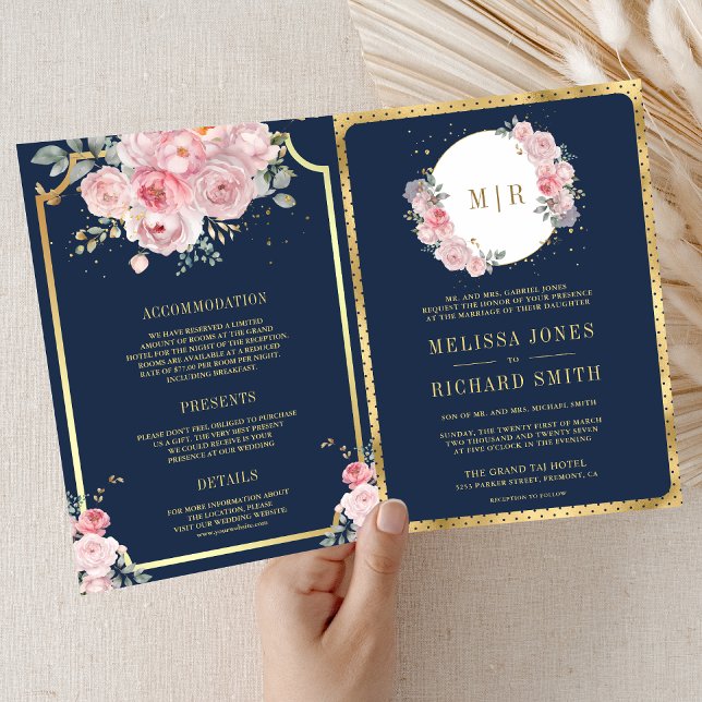 Blush Pink Floral Navy Blue All in One Wedding Invitation (Creator Uploaded)