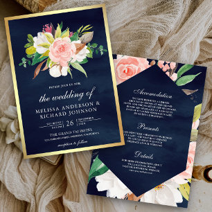 Blush Pink Floral Navy Blue All in One Wedding Invitation