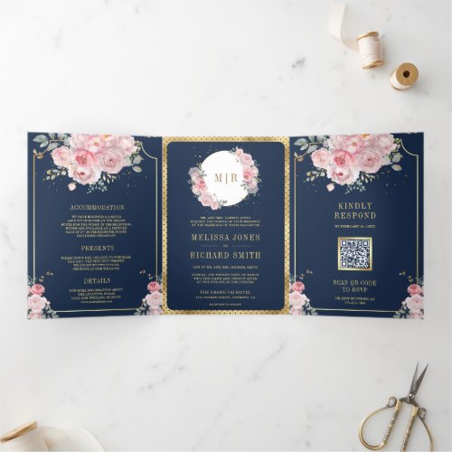 Blush Pink Floral Navy Blue All in One Wedding Tri_Fold Invitation