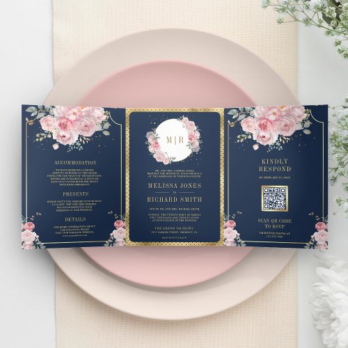 Blush Pink Floral Navy Blue All in One Wedding Tri_Fold Invitation