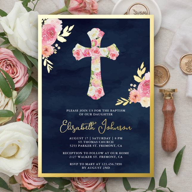 Blush Pink Floral Navy Blue Baptism Gold Foil Invitation (Creator Uploaded)