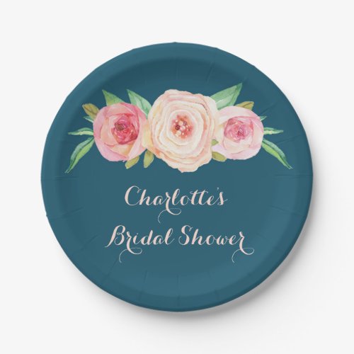 Blush Pink Floral Navy Blue Bridal Shower Plate