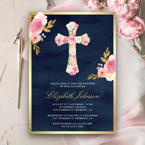 Blush Pink Floral Navy Blue Gold Baptism Invitation