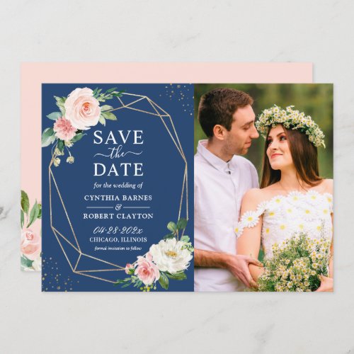 Blush Pink Floral Navy Blue Modern Geometric Photo Save The Date - Blush Pink Floral Navy Blue Gold Geometric Photo Wedding Save the Date Card. 
(1) For further customization, please click the "customize further" link and use our design tool to modify this template. 
(2) If you prefer thicker papers / Matte Finish, you may consider to choose the Matte Paper Type.