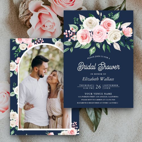 Blush Pink Floral Navy Blue Photo Bridal Shower Invitation