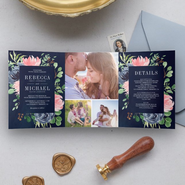 Blush Pink Floral Navy Blue Photo Collage Wedding Tri-Fold Invitation (Creator Uploaded)