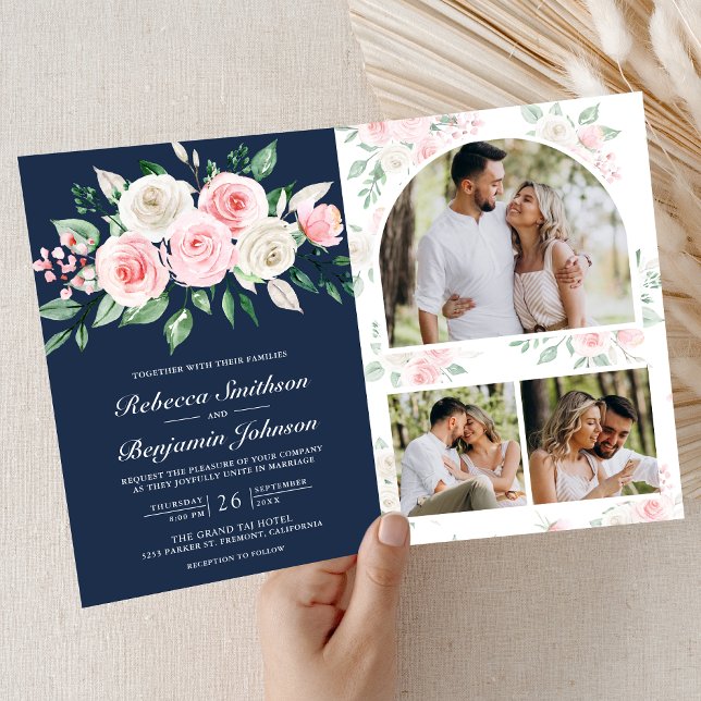 Blush Pink Floral Navy Blue QR Code Wedding Invitation (Creator Uploaded)