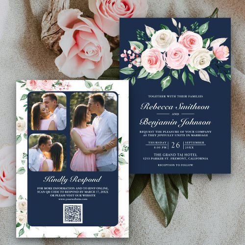Blush Pink Floral Navy Blue QR Code Wedding Invitation