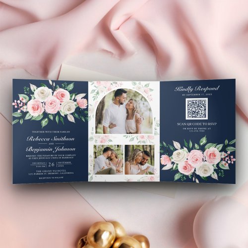 Blush Pink Floral Navy Blue QR Code Wedding Tri_Fold Invitation