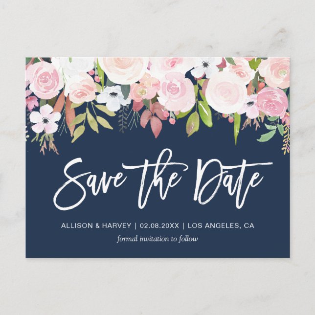 blush pink floral navy blue save the date postcard (Front)