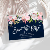blush pink floral navy blue save the date postcard