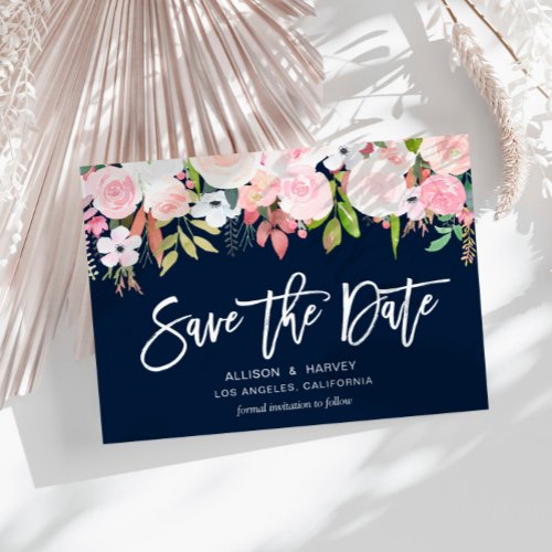 blush pink floral navy blue save the date postcard
