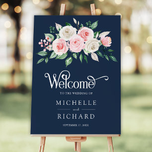 Blush Pink Floral Navy Blue Wedding Welcome Sign