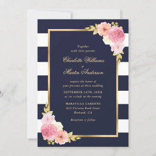 Blush Pink Floral Navy Blue White Striped Wedding Invitation