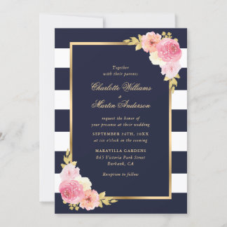 Blush Pink Floral Navy Blue White Striped Wedding Invitation