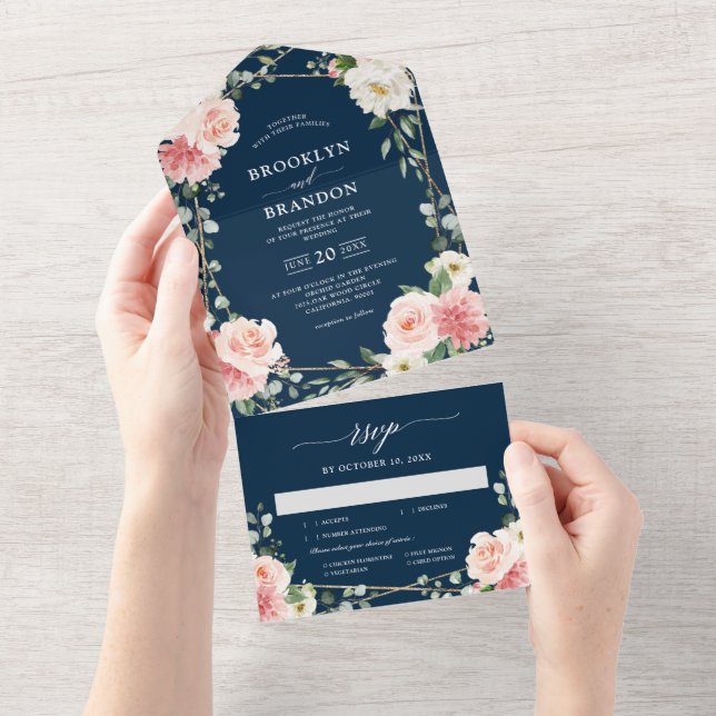 Blush Pink Floral Navy Geometric Botanical Wedding All In One Invitation (Tearaway)