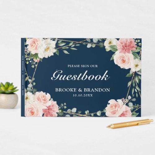 Blush Pink Floral Navy Geometric Botanical Wedding Guest Book